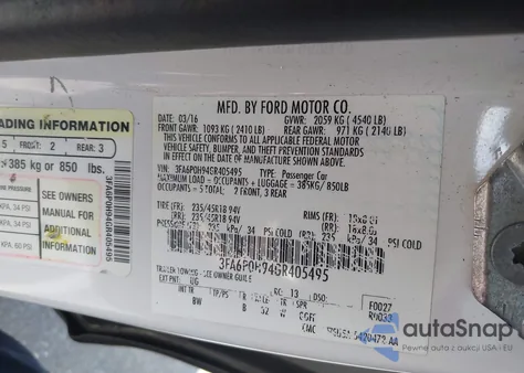 2016 Ford Fusion Se z USA, uszkodzony, nr VIN 3FA6P0H94GR405495